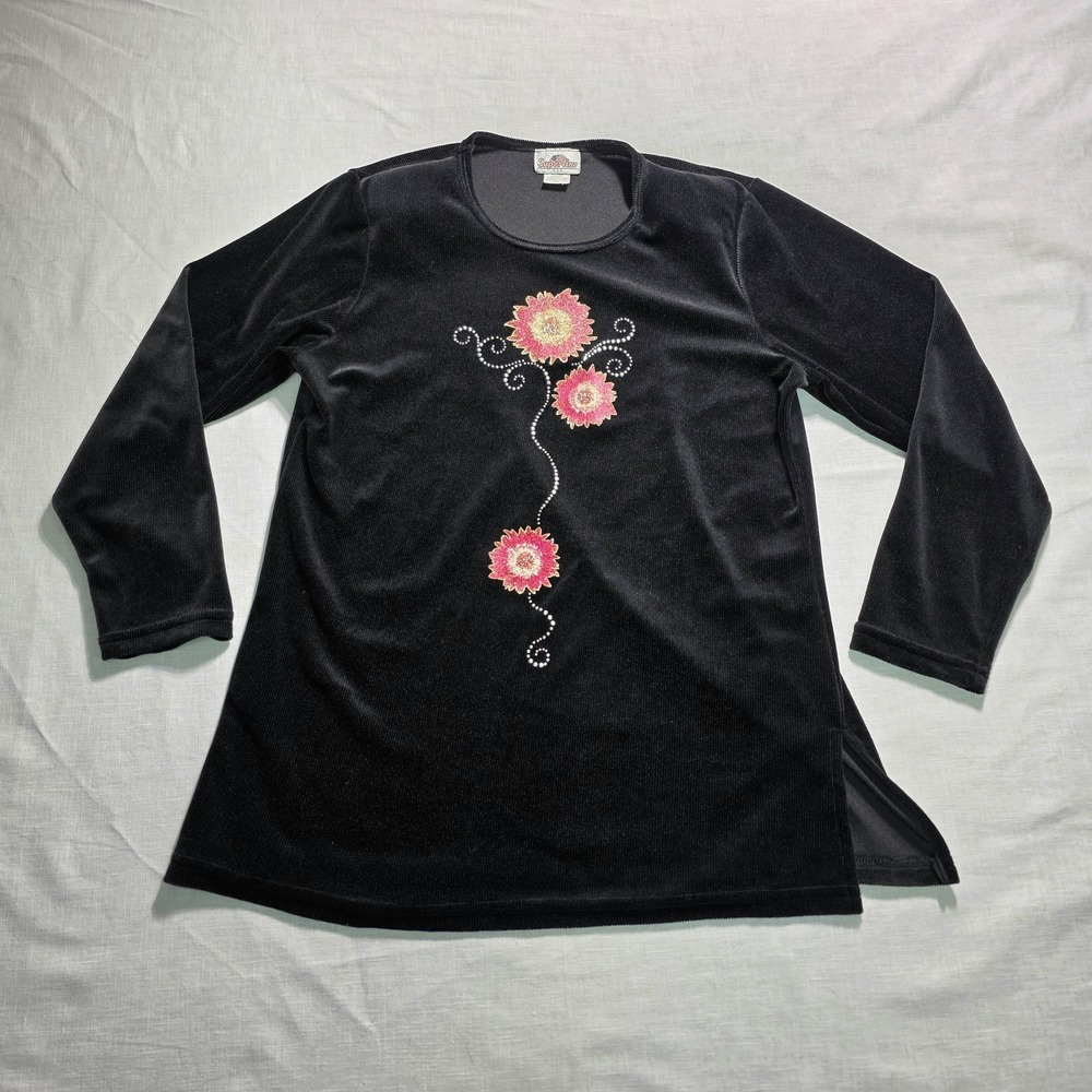 Vtg Y2k‎ 90s Velour Ribbed Tunic Shirt Womens Large Superline Black Buffy Slayer